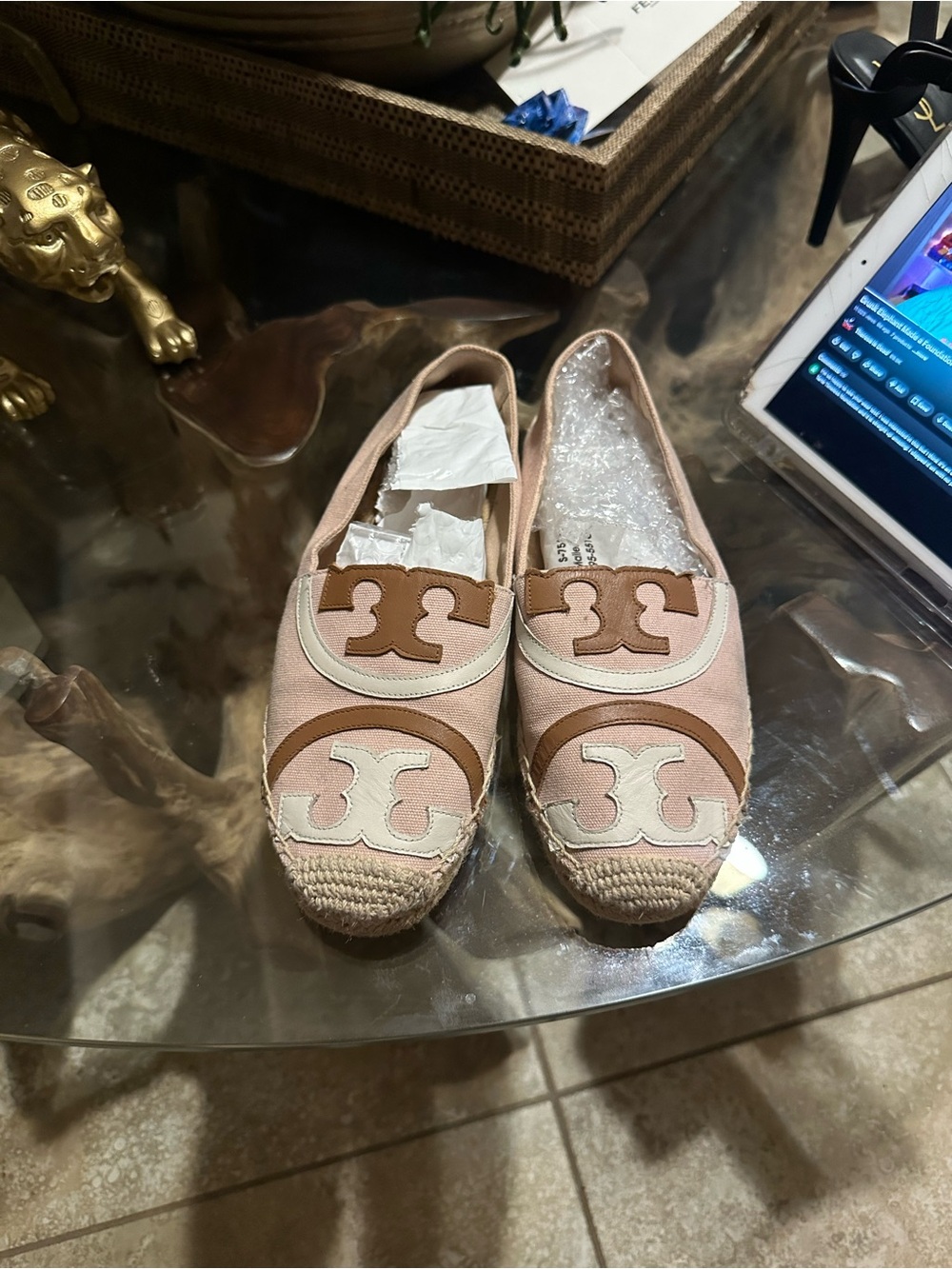 Tory Burch Ines Poppy Pink Canvas Logo Espadrille Flats